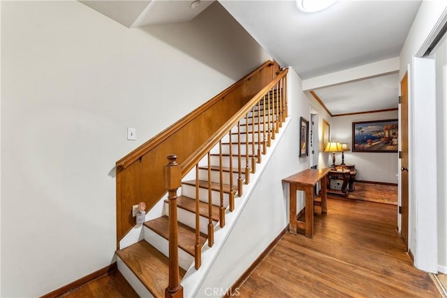 staircase featuring ornamental molding and hardwood / wood-style floors