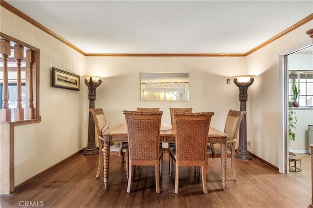 dining room featuring ornamental molding and wood-type flooring