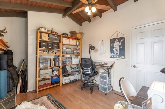 home office with wood ceiling, ceiling fan, hardwood / wood-style floors, and vaulted ceiling with beams