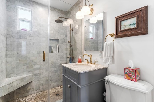 bathroom with a shower with door, vanity, and toilet