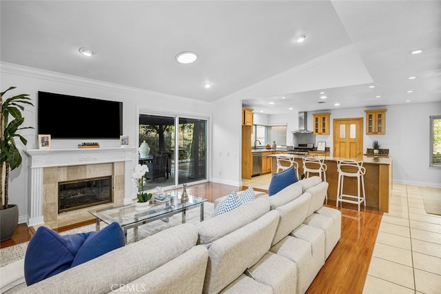 living room featuring ornamental molding, lofted ceiling, sink, and a high end fireplace