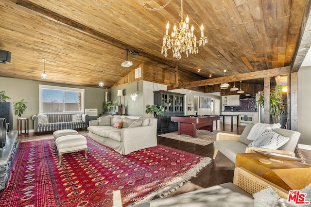 living room with an inviting chandelier, high vaulted ceiling, hardwood / wood-style floors, and wooden ceiling