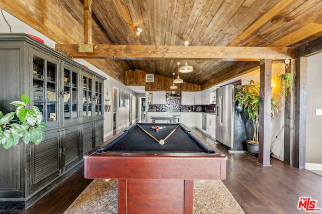 recreation room with dark hardwood / wood-style floors, wooden ceiling, beam ceiling, and billiards