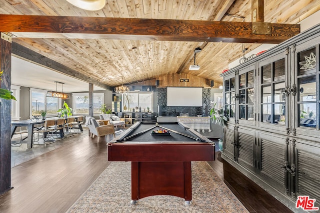 game room featuring billiards, lofted ceiling with beams, wooden ceiling, dark hardwood / wood-style flooring, and a notable chandelier