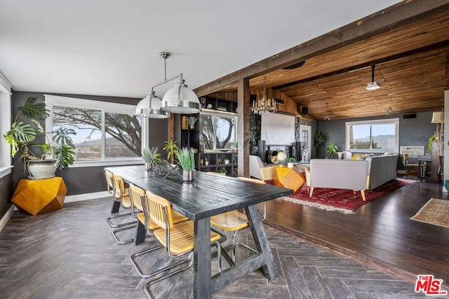 dining room featuring lofted ceiling, wood ceiling, and dark wood-type flooring