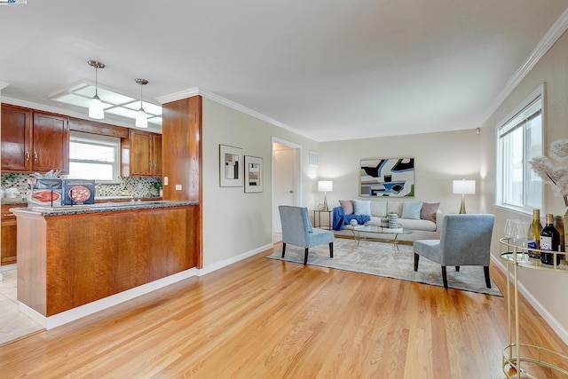 living room featuring crown molding and light hardwood / wood-style flooring