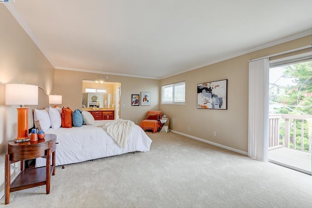 bedroom featuring ornamental molding, carpet floors, and access to outside