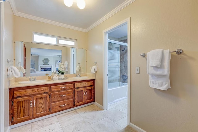 bathroom with tile patterned floors, ornamental molding, plus walk in shower, and vanity