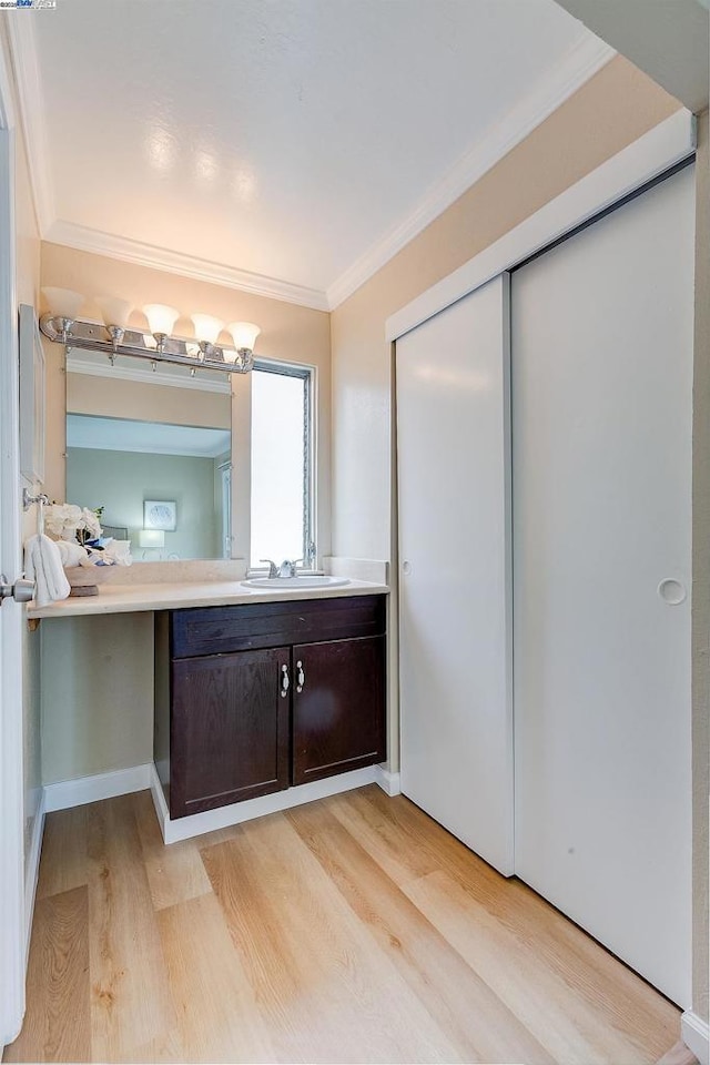 bathroom with wood-type flooring, vanity, and crown molding