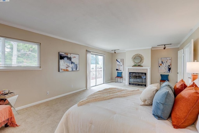 carpeted bedroom featuring track lighting, ornamental molding, and access to exterior