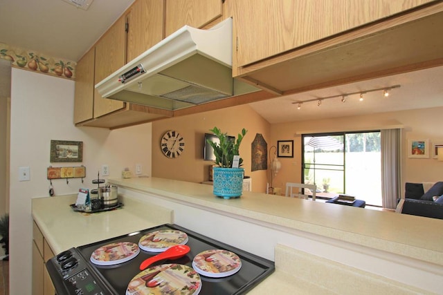 kitchen featuring rail lighting and stove