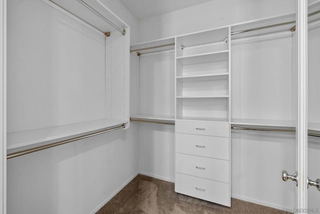 walk in closet featuring dark colored carpet