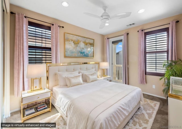 bedroom with carpet floors, access to exterior, and ceiling fan