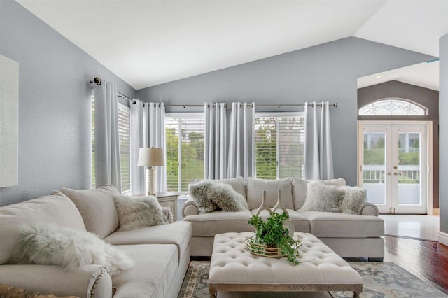 living room featuring lofted ceiling, dark hardwood / wood-style flooring, and french doors