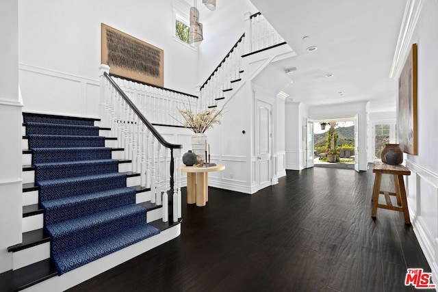 foyer featuring a high ceiling and dark hardwood / wood-style flooring