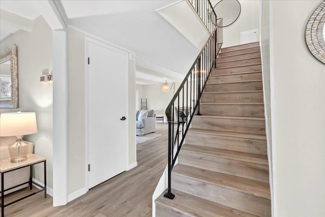 stairs with hardwood / wood-style flooring