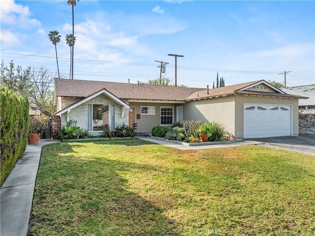 ranch-style house with a garage and a front yard