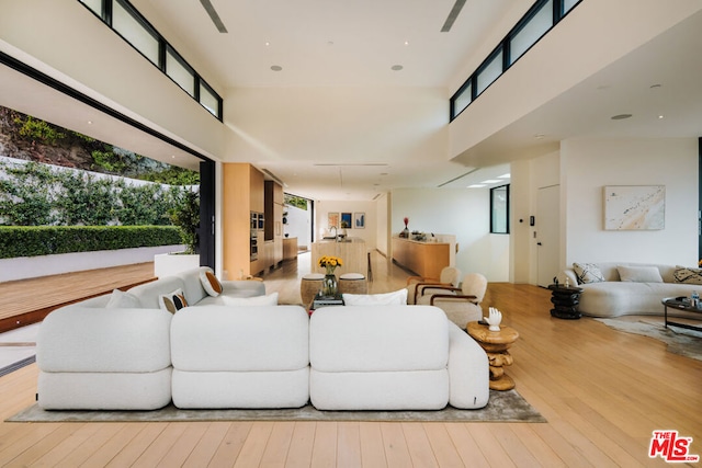 living room featuring a towering ceiling and light hardwood / wood-style flooring