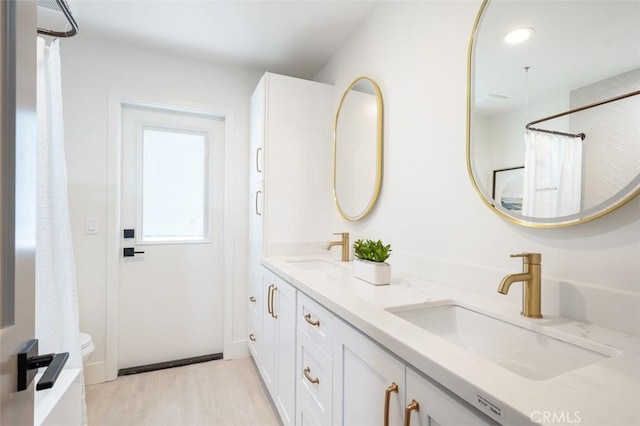 bathroom with vanity, wood-type flooring, and toilet