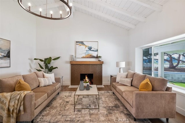 living room featuring wood ceiling, an inviting chandelier, wood-type flooring, high vaulted ceiling, and beamed ceiling