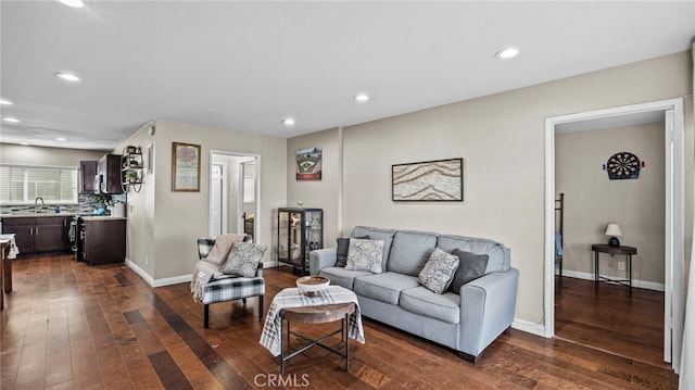 living room featuring dark wood-type flooring