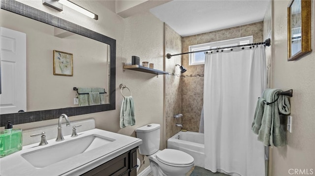 full bathroom with vanity, toilet, and shower / bathtub combination with curtain