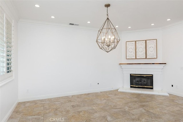 unfurnished living room with ornamental molding and a chandelier