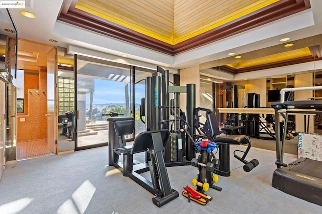 exercise room featuring ornamental molding, light colored carpet, and a tray ceiling