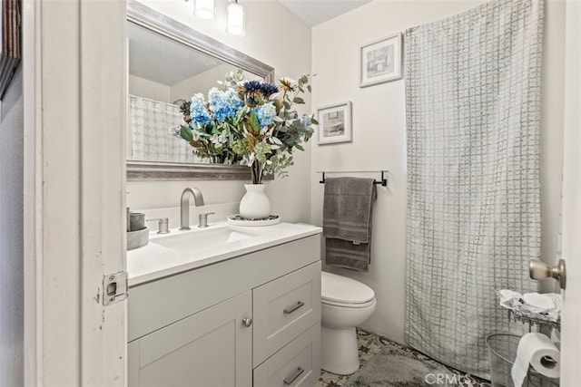 bathroom with vanity, toilet, and a shower with shower curtain