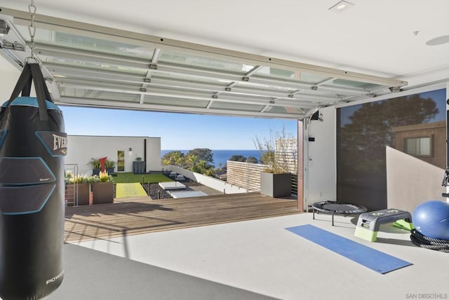 garage with a water view