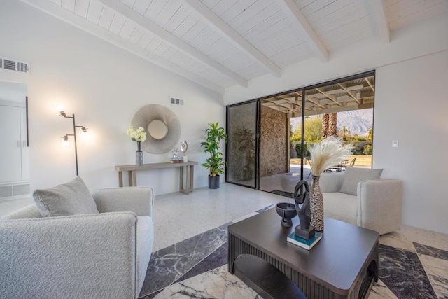 living room with beam ceiling, high vaulted ceiling, and wooden ceiling