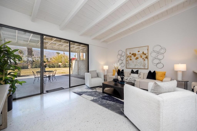 living room featuring vaulted ceiling with beams and wood ceiling