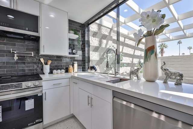 kitchen with sink, tasteful backsplash, ventilation hood, stainless steel appliances, and white cabinets