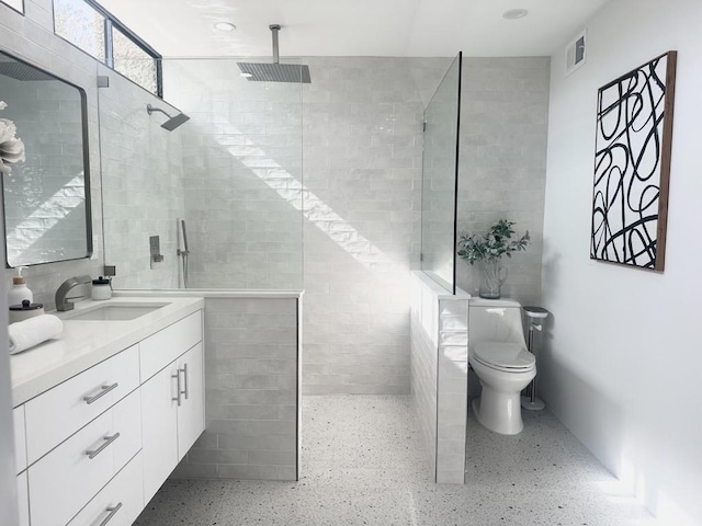 bathroom featuring vanity, a tile shower, and toilet