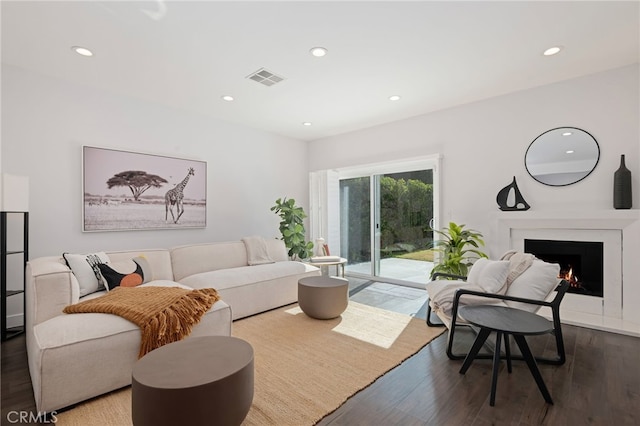 living room with dark wood-type flooring