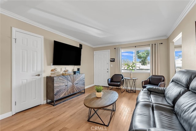 living room featuring hardwood / wood-style floors and ornamental molding