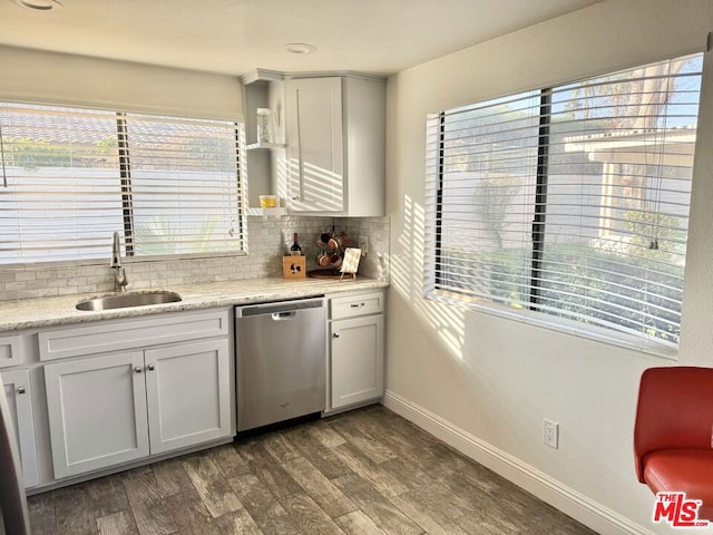 kitchen with white cabinetry, dishwasher, sink, and backsplash