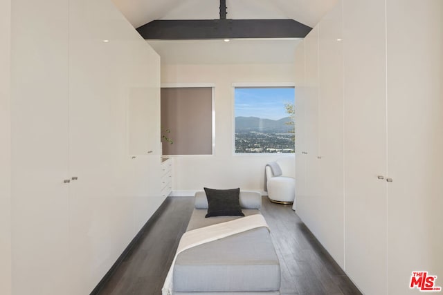 bedroom with dark hardwood / wood-style flooring and lofted ceiling