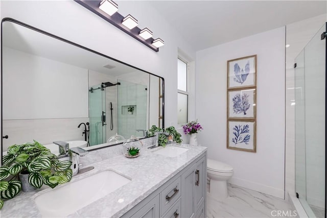 2926 Future St, Los Angeles, CA 90065 - bathroom with a stall shower, double vanity, marble finish flooring, baseboards, and toilet