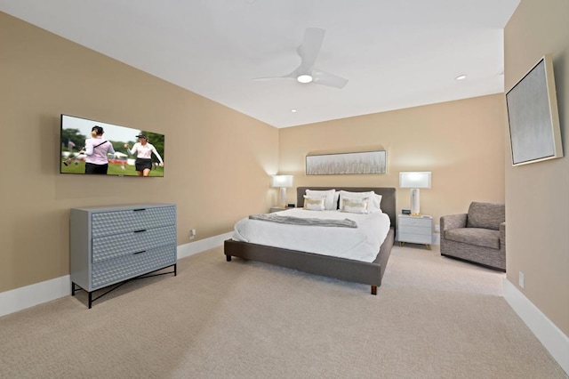 bedroom with light carpet and ceiling fan