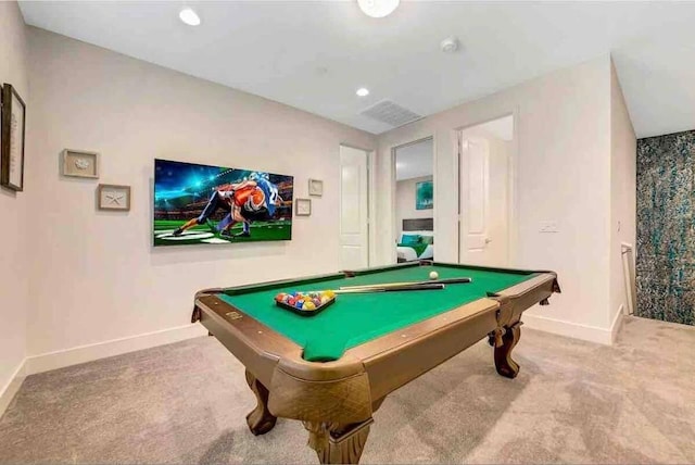 game room with pool table and carpet flooring