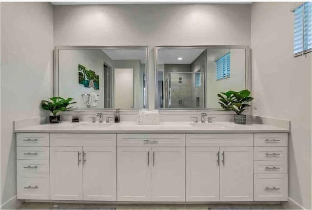 bathroom featuring vanity and a shower with shower door