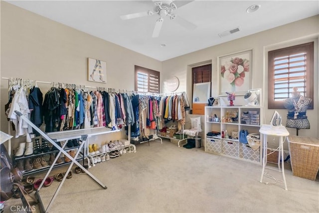 walk in closet featuring carpet flooring and ceiling fan