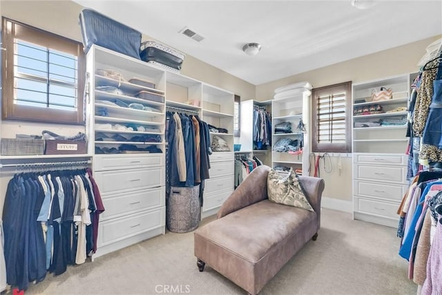 walk in closet with light colored carpet