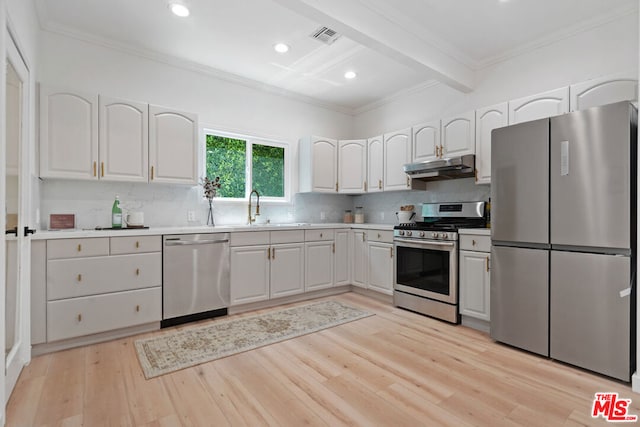 kitchen with tasteful backsplash, sink, white cabinets, stainless steel appliances, and beam ceiling