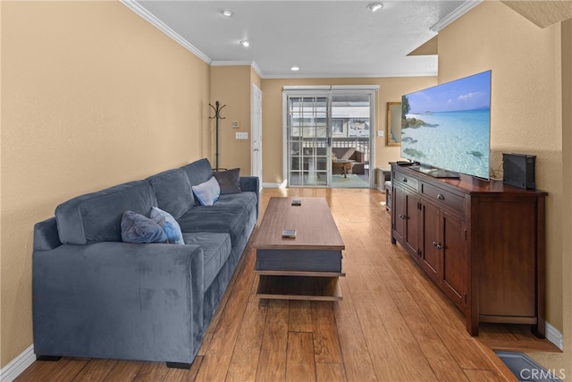 living room featuring crown molding and light hardwood / wood-style floors