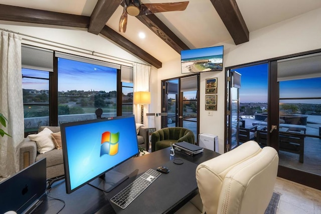 office space featuring vaulted ceiling with beams and ceiling fan