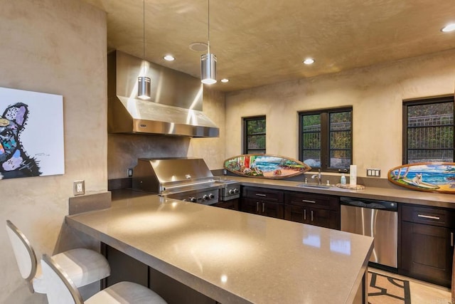 7795 Sendero Angelica, San Diego, CA 92127 - kitchen featuring dishwasher, wall chimney exhaust hood, a breakfast bar, dark brown cabinetry, and recessed lighting