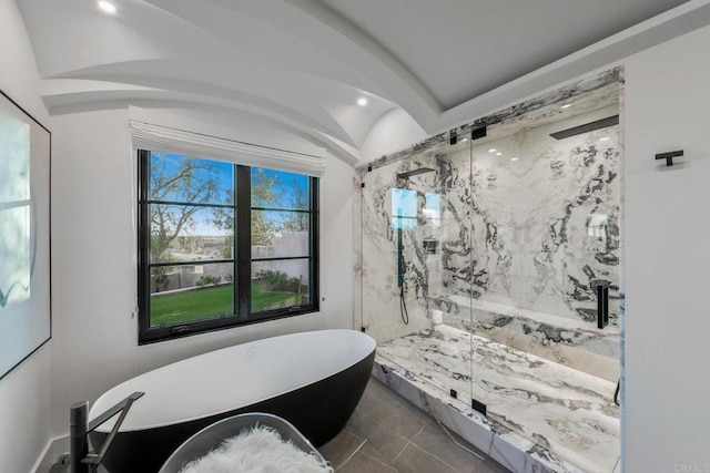 7795 Sendero Angelica, San Diego, CA 92127 - bathroom featuring a freestanding bath, a marble finish shower, and tile patterned flooring
