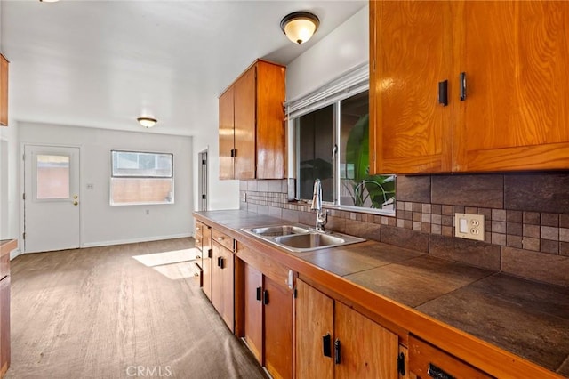 kitchen featuring tasteful backsplash, sink, and light wood-type flooring